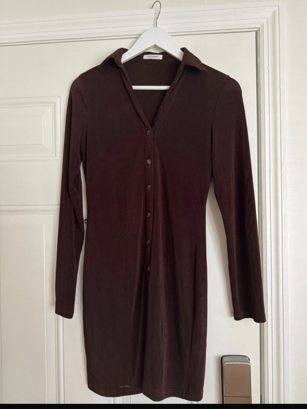 Peppermayo Ring My Bell Brown Button-Front Mini Dress